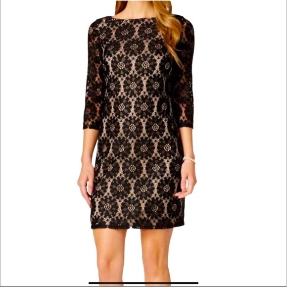 Eliza J Sheath Black Dress Embroidered Lace 3/4 Sleeves Size 8 Classy High Neck - Picture 1 of 16